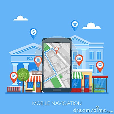 Mobile navigation concept vector illustration. Smartphone with gps city map on screen and route. Vector Illustration