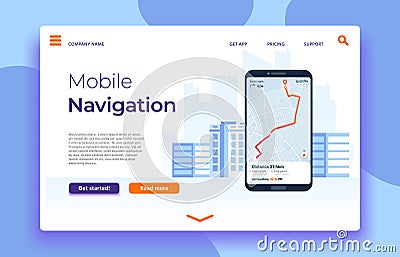 Mobile navigation landing page, smartphone with GPS application on screen. Map route with location mark Vector Illustration