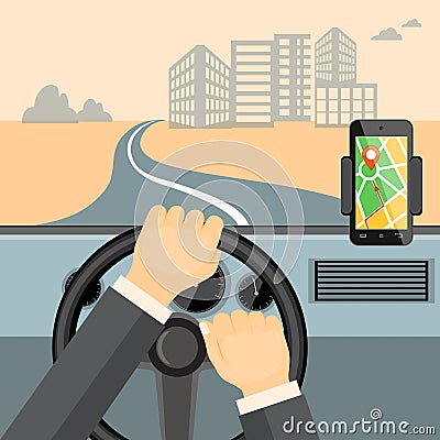 Mobile navigator on the mobile phone in the car Vector Illustration