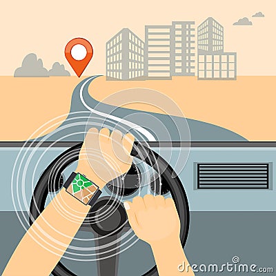 Mobile navigator on the smart watch in the car Vector Illustration