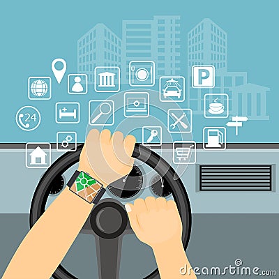 Mobile navigator on the smart watch in the car and icons Vector Illustration