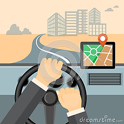 Mobile navigator on the tablet in the auto Vector Illustration