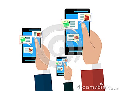 Mobile and online shop concept. Hands holding smartphones. Digital Marketing, store, Ecommerce shopping. Vector Illustration