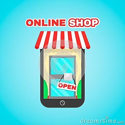 Mobile online shop vector flat icon illustration. E-commerce, digital market, online purchase, online shopping Vector Illustration