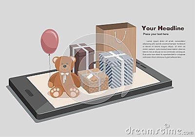 Mobile online shopping isometric concept. Teddy Bear and clorful gifts on phone. Vector Illustration