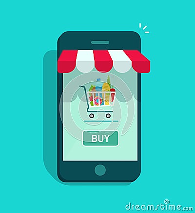 Mobile online store vector, smartphone storefront with shopping cart Vector Illustration