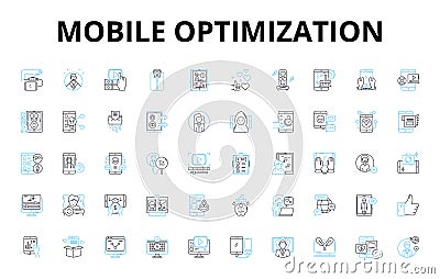 Mobile optimization linear icons set. Responsiveness, Compatibility, Adaptability, Streamlining, Efficiency Vector Illustration