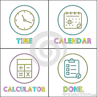 Mobile Organizer Elements Round Linear Icons Set Vector Illustration