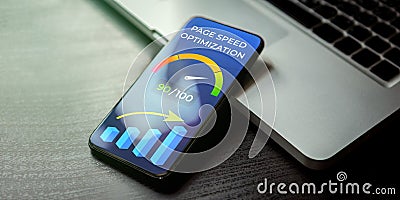Mobile Page Speed Optimization SEO. Website Loading Time image for internet SEO. Mobile phone lying on a black wooden table Stock Photo