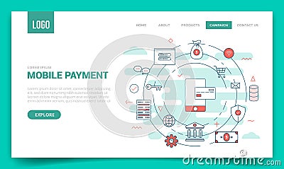 Mobile payment concept with circle icon for website template or landing page banner homepage Vector Illustration