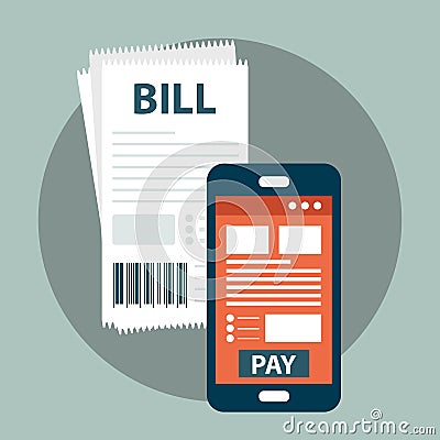 Mobile payment concept. Pay bills on line. Using a mobile phone to bank and shop on line. Flat vector Cartoon Illustration