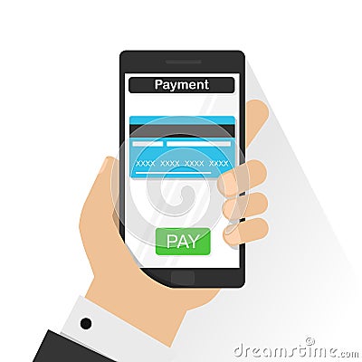 Mobile payment credit card, hand holding phone, flat design vector. Vector Illustration