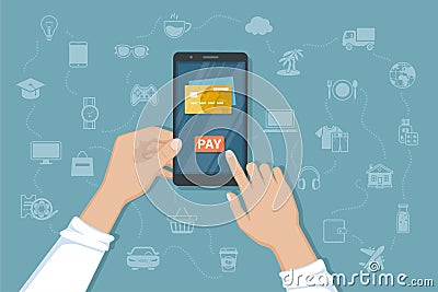Mobile Payment for goods, services, shopping using smartphone. Online banking, pay with phone. Credit card on screen, button pay Vector Illustration