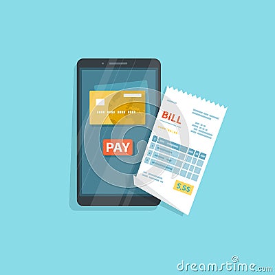 Mobile Payment for goods, services, shopping using smartphone. Online banking, pay with phone. Credit card on screen, button pay Vector Illustration