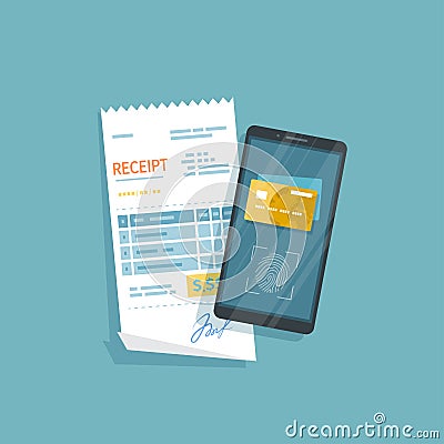 Mobile Payment for goods, services, shopping using smartphone. Online banking, pay with phone. Fingerprint identity sensor Vector Illustration