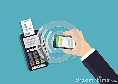 Mobile Payment and NFC technology concept. Male hands using smartphone for online shopping. Flat style illustration. Cartoon Illustration