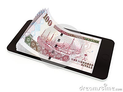 Mobile payment with smart phone, Saudi riyal Cartoon Illustration