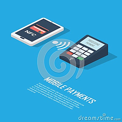 Mobile payments concept infographics presentation. Smartphone with nfc technology making wireless contactless Vector Illustration