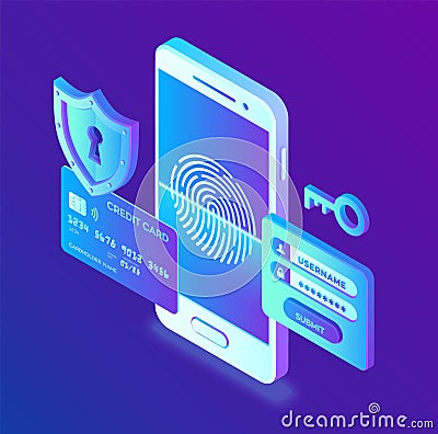 Mobile payments. Data protection concept. Personal data protection. Credit card check and software access data as confidential. 3d Cartoon Illustration