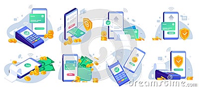 Mobile payments. Online sending money from mobile wallet to bank card, golden coins transfer app and e payment vector Vector Illustration