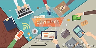 Mobile payments vector illustration. mobile banking or online banking. Human hands. Overhead. colorful set. Vector Illustration