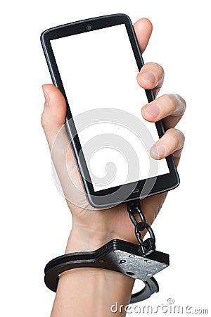 Mobile phone addiction concept. Smartphone with blank screen. Stock Photo