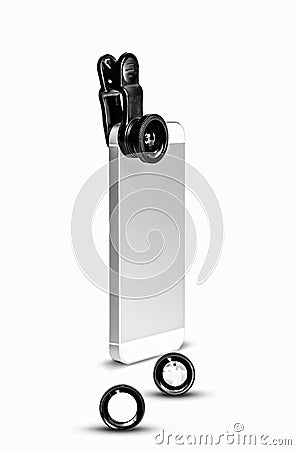 Mobile Phone Angled Vertically with Clip on Photo Camera Lenses Stock Photo