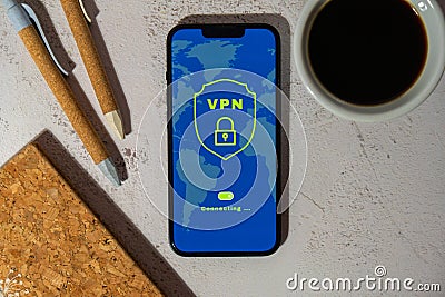 Mobile phone App screen of VPN creation Internet protocols for protection private network Virtual private network Stock Photo