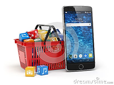 Mobile phone application software icons in the shopping basket Cartoon Illustration