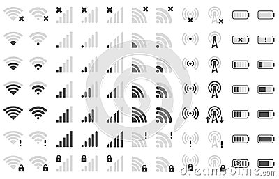 Mobile phone bar icons. Smartphone battery charge level, wifi signal strength icon and network connection levels Vector Illustration