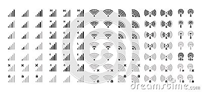 Mobile phone bar system icons. Wireless battery charge level, network connection. Smartphone power indicating and batteries bar Vector Illustration