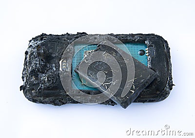 Mobile phone battery explodes and burns due to overheat danger of using smart phone Stock Photo