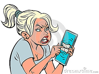 The mobile phone bit the woman s finger. Beautiful girl uses a smartphone, touchscreen phone screen Vector Illustration