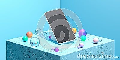 Mobile phone With Blank Screen on Blue Showcase Near Glossy and Matte Multicolored Glass Balls. 3d rendering Stock Photo