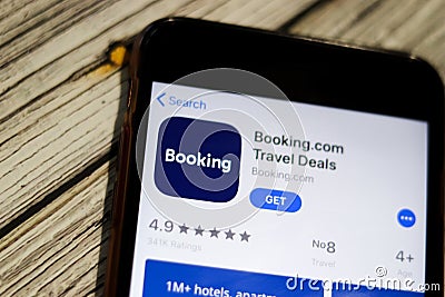 Mobile phone with Booking icon on App Store on screen. Los Angeles, California, USA - 13 October 2019, Illustrative Editorial Editorial Stock Photo