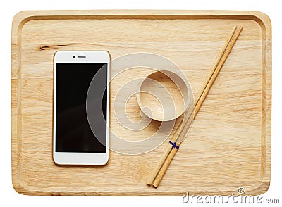 mobile phone and bowl chopstick made from wood on wood plate Stock Photo
