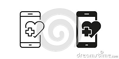 Mobile Phone Call to Ambulance Pictogram. Consultation in Cellphone, Medicine Aid Sign Collection. Emergency Medical Vector Illustration