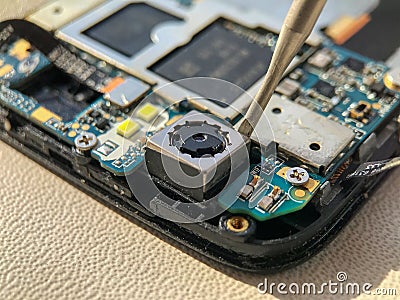 Mobile phone camera module on the motherboard of the smartphone Stock Photo