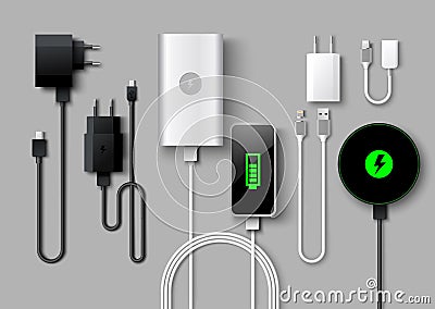 Mobile phone charger supply realistic vector set Vector Illustration