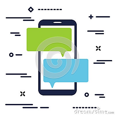 mobile phone with chat message notifications. smartphone and chatting bubble speeches. Text messaging flat design concept Vector Illustration