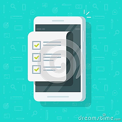 Mobile phone and checklist vector illustration, flat cartoon smartphone display with document or to do list with Vector Illustration