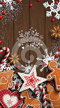 Mobile phone Christmas wallpaper, gingerbread and ornaments on wood Vector Illustration