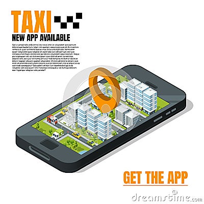 Mobile phone with city landscape. Online taxi advertising template Vector Illustration