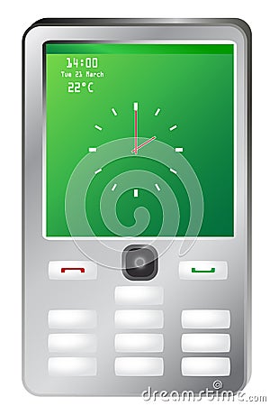 Mobile phone with clock on green screen Vector Illustration