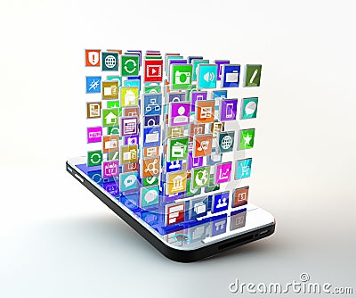 Mobile phone with cloud of application icons Stock Photo