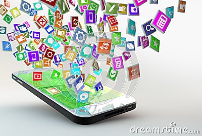 Mobile phone with cloud of application icons Stock Photo