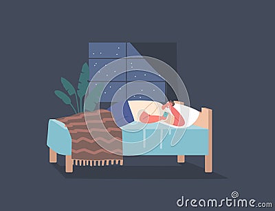 Mobile Phone Communication Concept. Male Character with Cellphone in Hands Lying in Bed. Man with Gadget Addiction Vector Illustration
