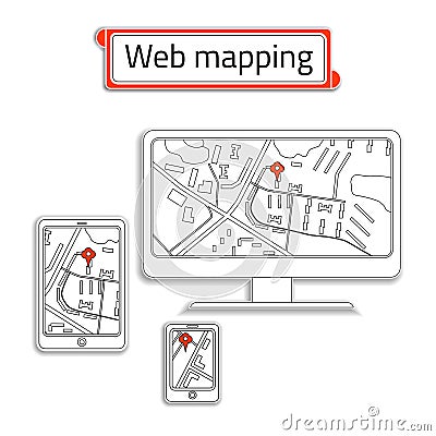 Mobile Phone, computer (PC) and tablet with Internet map. Title web mapping inside the red box. Vector Illustration