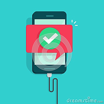 Mobile phone connected wire charger vector illustration, flat cartoon smartphone with checkmark or tick with success Vector Illustration