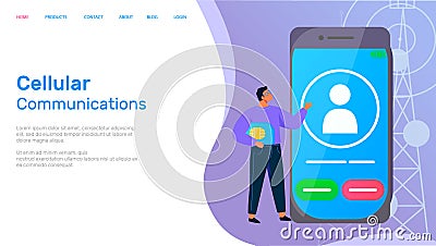 Mobile phone connection technology, cellular communications landing page tamplate, electronic device Vector Illustration